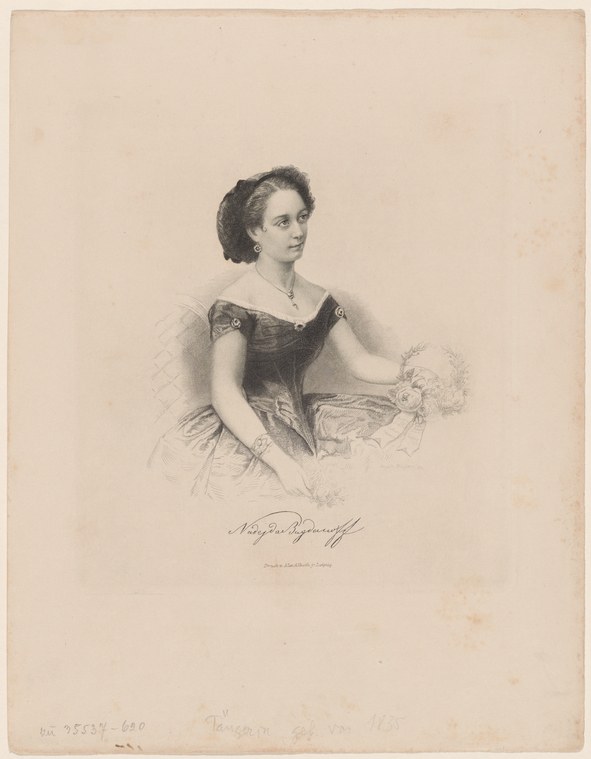 Portrait lithograph of Nadejda Bagdanoff, a woman in evening dress holding flowers, seated and facing left.