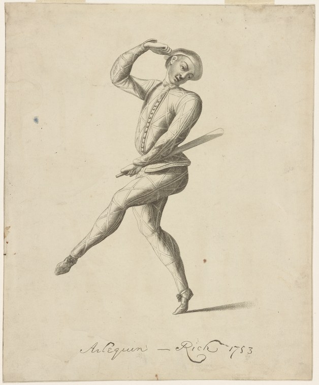 A male dancer in mid-leap, body twisted, left arm raised, wearing 18th-century costume with doublet and breeches.
