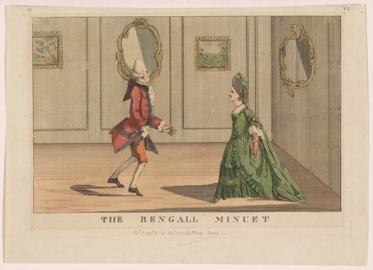 Man in red coat leaning forward in exaggerated lunge while woman in green gown sits composedly watching in an 18th-century interior.