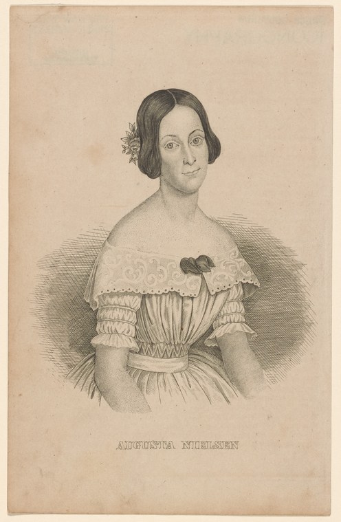 Fine engraving of a woman in 1840s ball gown with puffed sleeves, dark hair arranged up with flowers, facing forward in formal portrait pose.