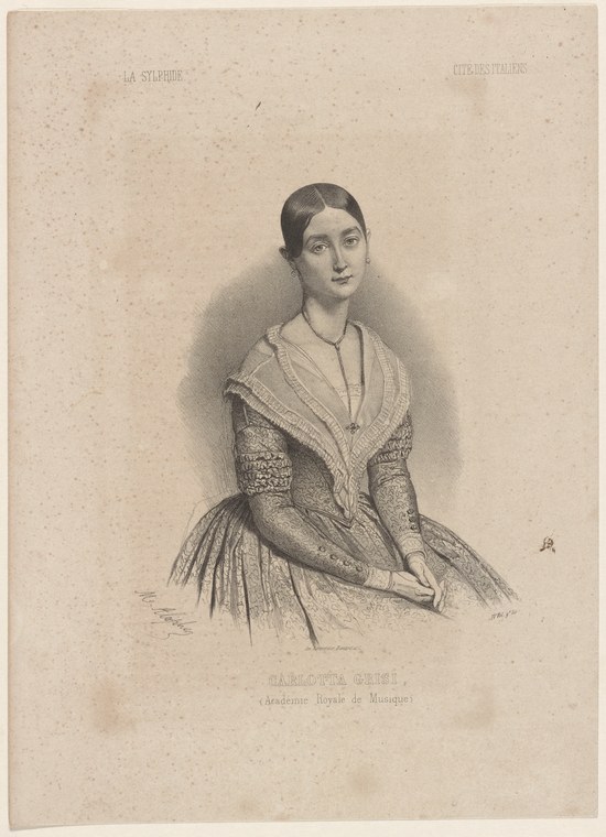 Engraved portrait of a young woman in mid-nineteenth-century dress, identified as Carlotta Grisi of the Paris Opéra.