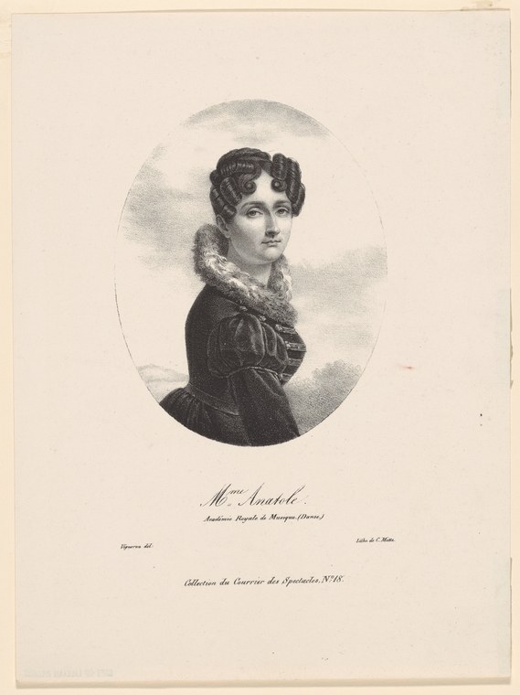 Engraved portrait of a woman in dark dress with fur collar, identified as Mme Anatole of the Paris Opera ballet company.