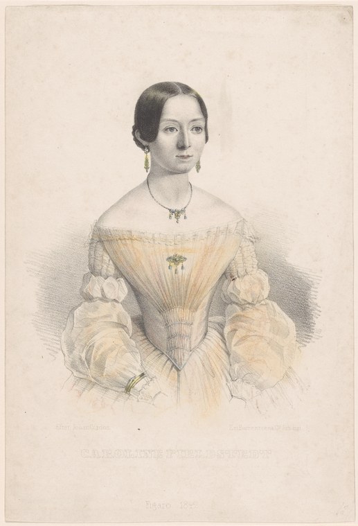 Formal portrait of a woman in 1840s evening dress with pale yellow gown, puffed sleeves, and jewelry, standing in composed pose.