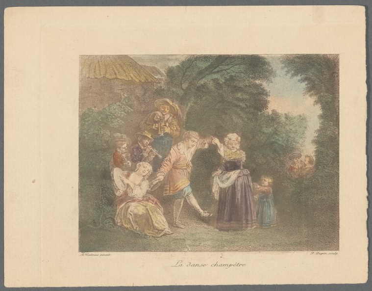 A couple in formal dress dances in a woodland clearing before a cottage, watched by villagers in an 18th-century hand-colored engraving.