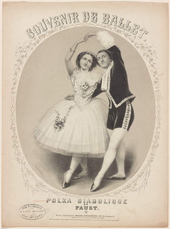 Lithograph of a woman in white romantic ballet tutu and a man in naval uniform performing an intimate supported arabesque pose together.