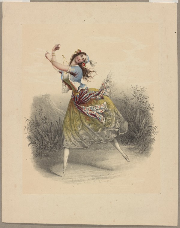 A young ballerina en pointe in attitude derrière, wearing a pale blue bodice and yellow tulle skirt, arms raised overhead in a classical pose.