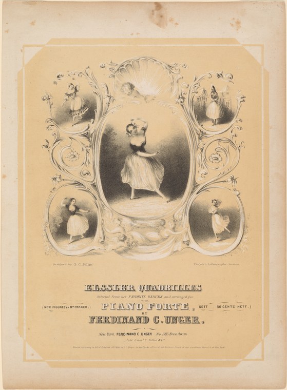Lithograph with ornamental frame showing a female ballet dancer in white Romantic-era dress and pointe shoes, repeated in five oval vignettes.
