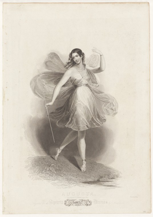 A winged woman in a white tutu balances en pointe with one leg extended behind her, arms arched gracefully upward in a luminous atmospheric setting.