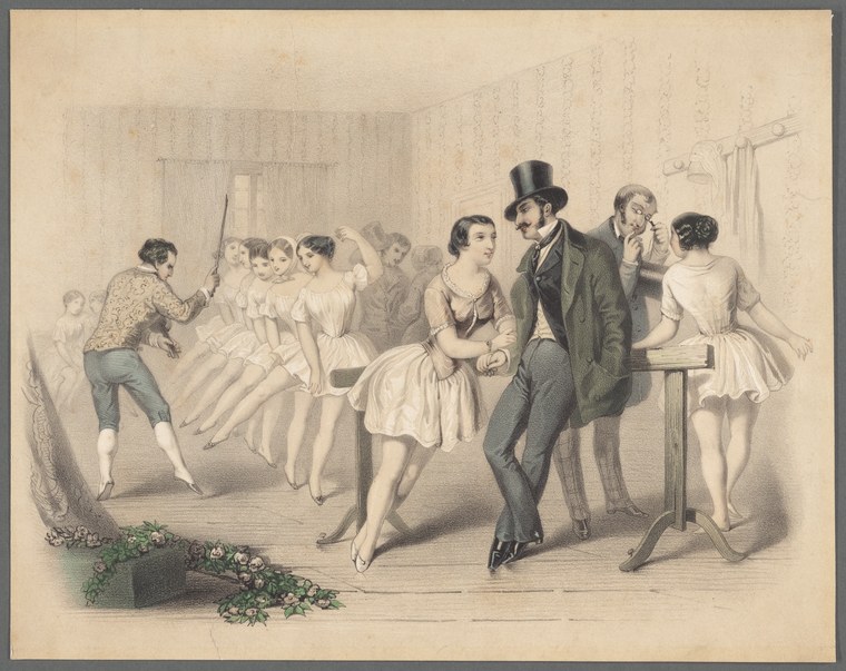 Hand-colored print of fashionable couple poised to dance in a parlor, surrounded by observers; a figure on the left holds a stick, suggesting a forfeit game.