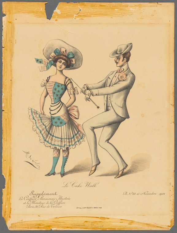 Man in tan suit with high kick and cane facing woman in elaborate hat and patterned skirt with hand on hip.
