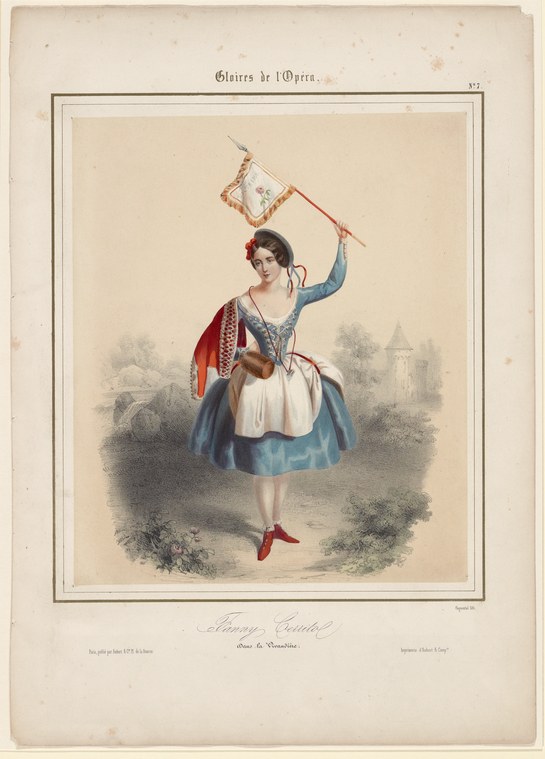 A woman in white muslin skirt and blue bodice holds a banner aloft, standing on one foot in a lifted ballet pose, wearing red heels.