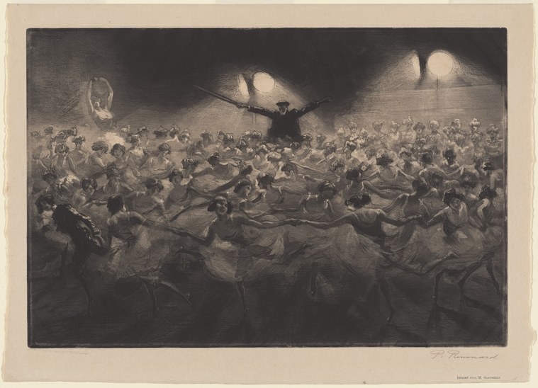 A crowded rehearsal stage lit by work lights, with dozens of ballet dancers in Romantic tutus in extended poses, a conductor's silhouette directing from above.