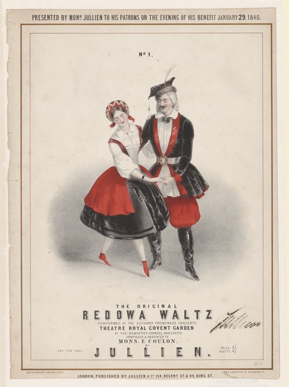 A man in a black coat and plumed hat waltzes with a woman in a white bodice and red skirt, caught mid-turn in close ballroom embrace, hand-colored lithograph