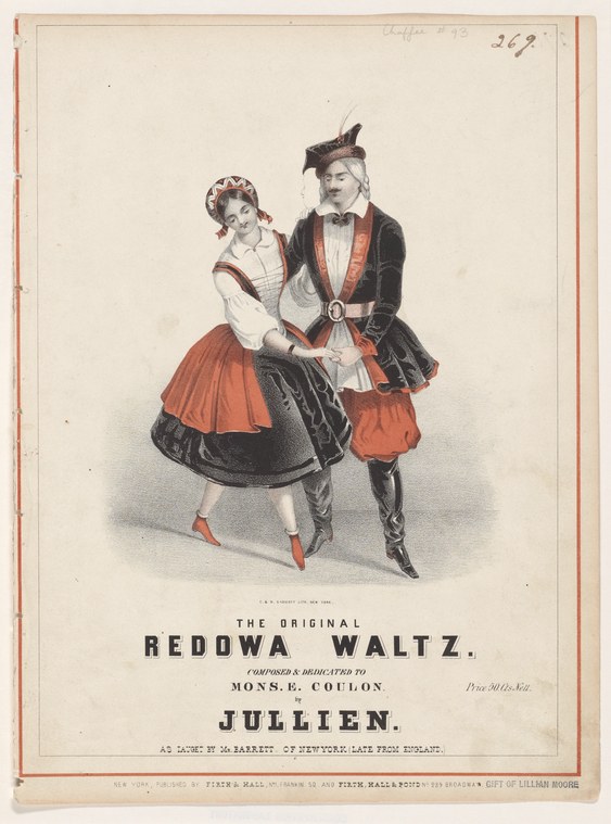 A couple in 1860s formal dress dance the Redowa in ballroom hold, the woman's skirt catching mid-turn.