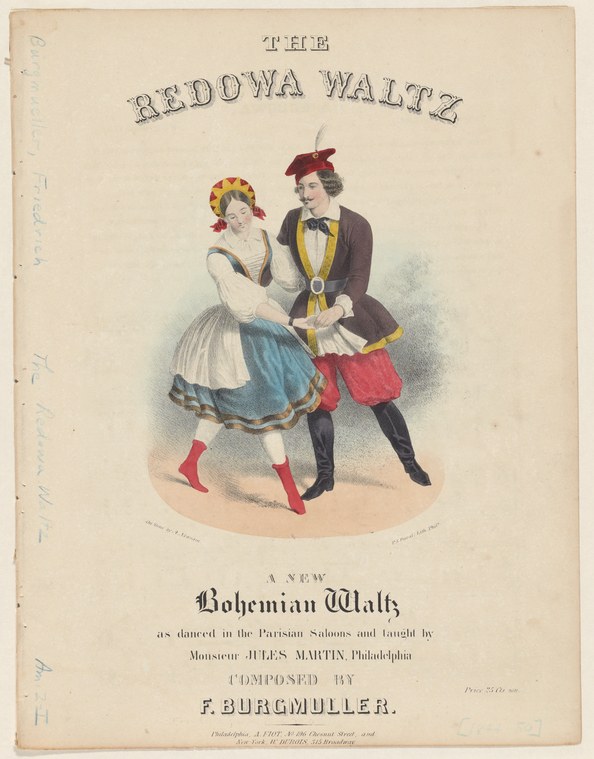 A colored lithograph of a man and woman dancing a waltz in Bohemian costume, the woman in a full white skirt and red bonnet, the man in a dark coat and red
