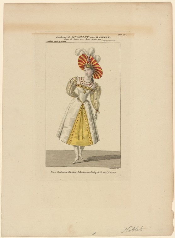 Engraving of a woman in a white corsage and yellow skirt with an elaborate red and gold fan-like headdress, standing upright and facing forward.
