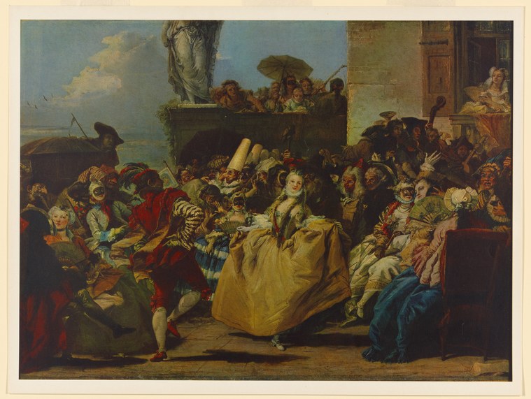 Crowded carnival scene with masqueraders in elaborate costume and a woman in a yellow gown at center, set in a Mediterranean port with fortified buildings.