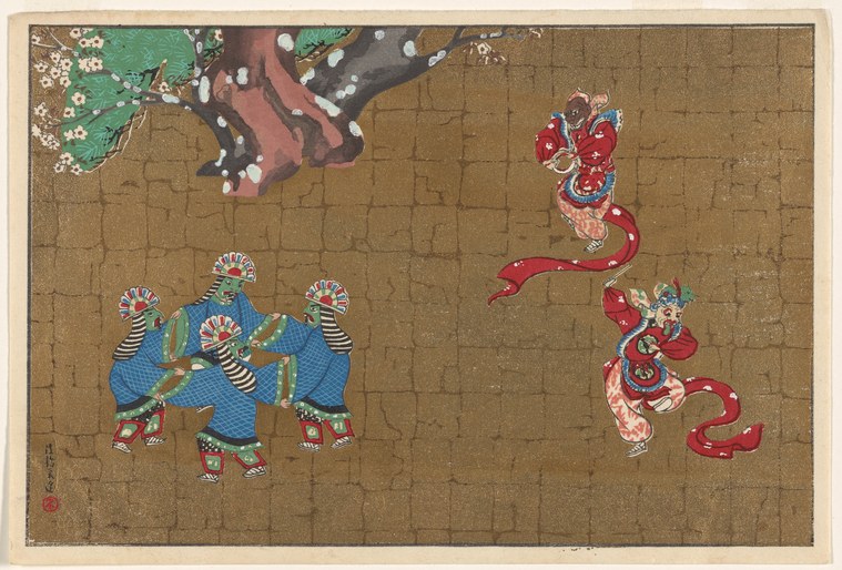 Four Japanese masked performers in elaborate blue and red robes with tall white-crested headdresses against a gold ground.