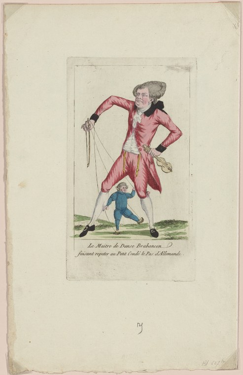 A dancing master in a pink coat instructs a young boy in the allemande, hand-to-hand, outdoors.