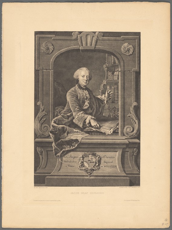 Eighteenth-century engraved portrait of a man in brown coat and powdered hair at a writing desk, framed by ornate classical architecture.