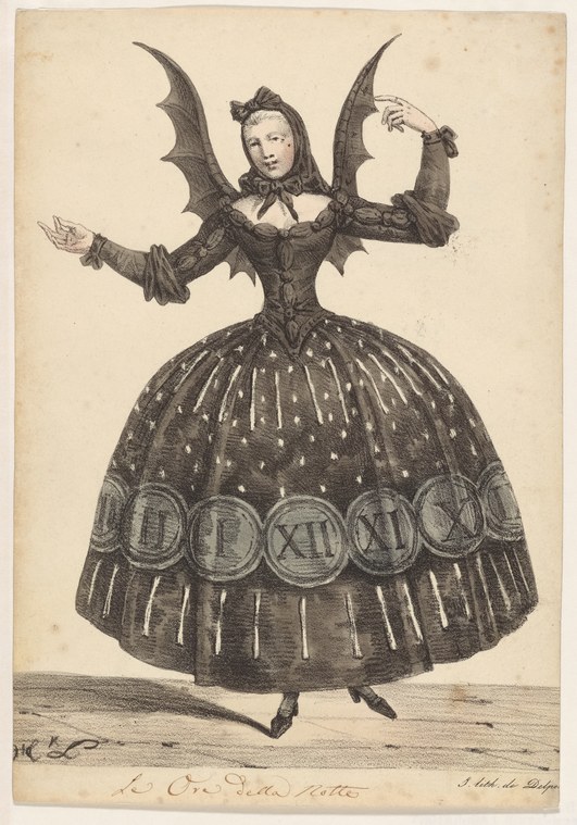 Engraved figure of a pale-faced woman with bat wings, bare feet, and a full skirt inscribed with clock numerals, arms raised in theatrical pose.