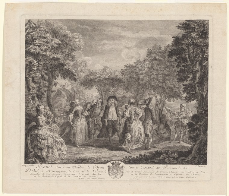 An 18th-century engraving of an outdoor ballet carnival at the Opéra, with couples dancing among spectators in a wooded clearing.