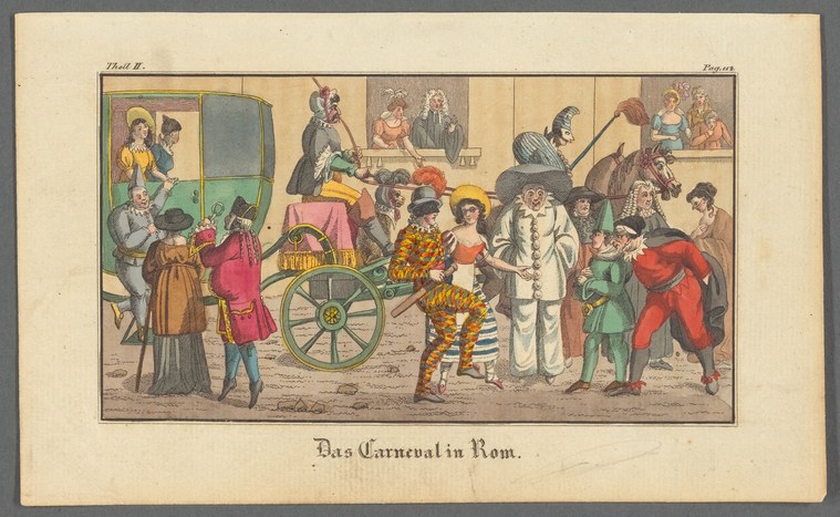 Crowded street scene with costumed carnival figures, masked revelers, a central Harlequin dancer, spectators in formal dress, and a decorated carnival wagon.