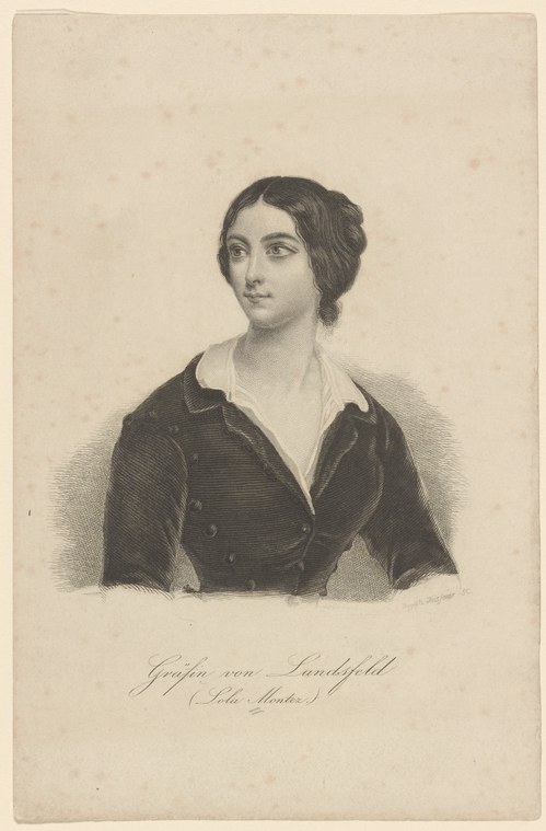 Engraved portrait of a dark-haired woman in a dark velvet jacket, gazing downward with a composed expression.