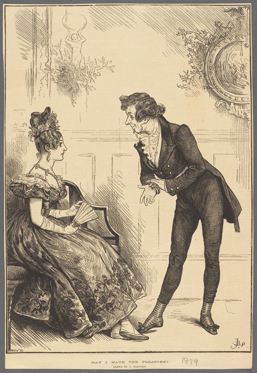 Engraving: a man in tailcoat and breeches bends forward to invite a seated woman in an elaborate dress to dance.
