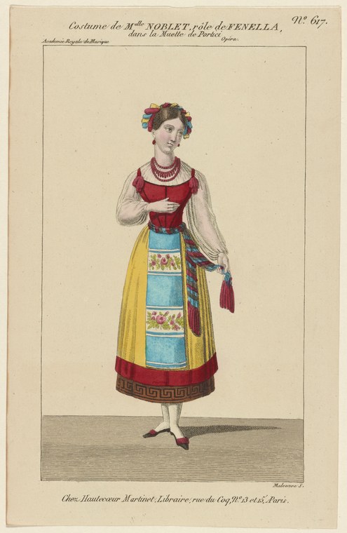 Hand-colored engraving of a young woman in Italian peasant costume with red bodice, yellow and blue striped skirt, and coral ornaments, standing in a