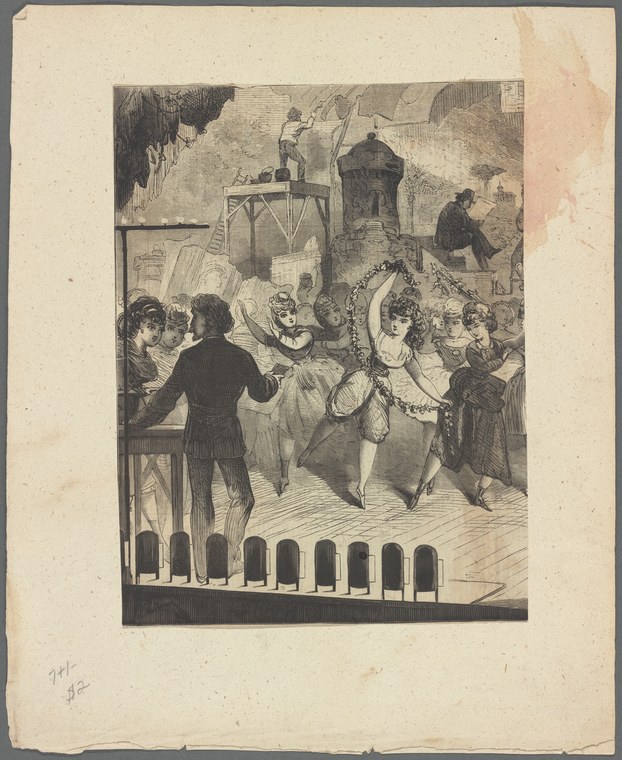 Line engraving of a ballet rehearsal on a theater stage with female dancers in white gowns, male observers, and stage machinery.