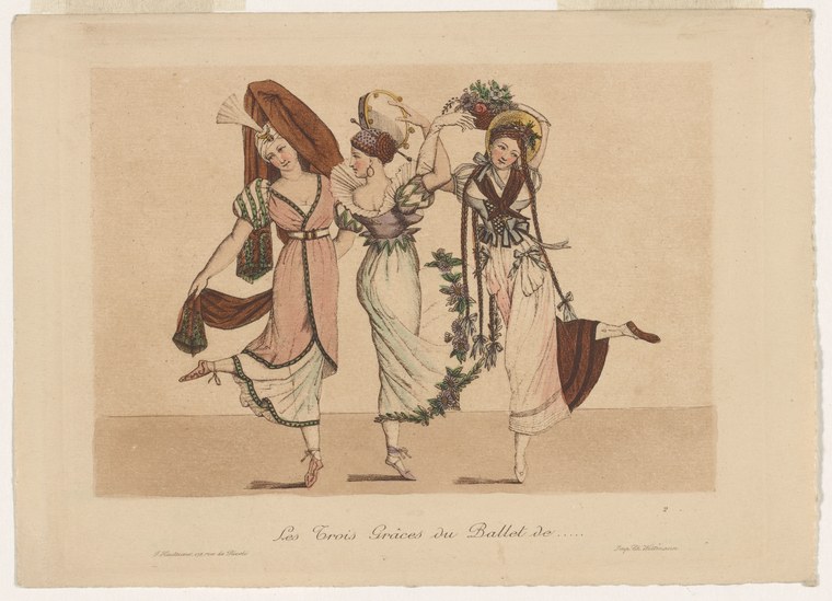 Three women in early 19th-century dress stand frontal against a plain background. Left holds a fan, center raises a wreath, right stands composed. A theatrical
