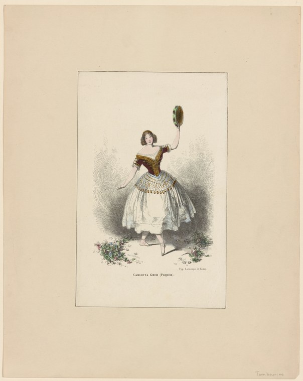 Hand-colored lithograph of a woman in a gold-bodiced white dress holding a feathered fan aloft, standing amid scattered flowers.