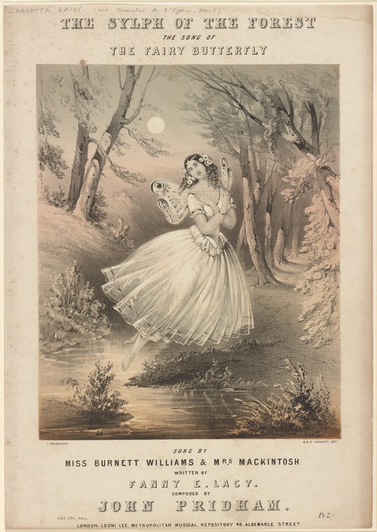 A woman in a white tulle skirt floats in a moonlit forest, arched backward with one arm raised toward the sky.