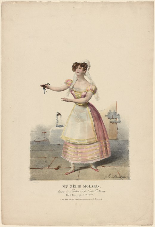 Hand-colored engraving of a young woman in white muslin and gold silk standing against a stage backdrop, holding flowers and extending her left arm in