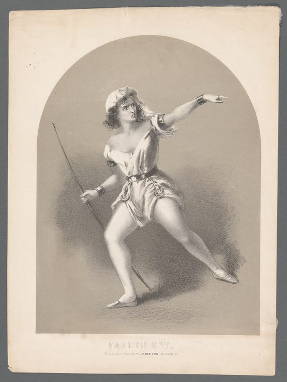 Woman in classical tunic lunging forward in profile, right arm extended, holding staff or sword in left hand