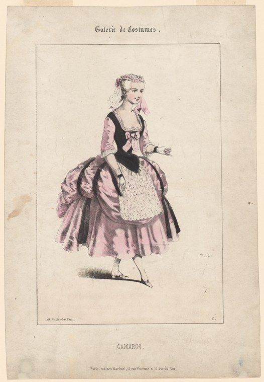 Hand-colored lithograph of a woman in 18th-century theatrical dress: pink silk skirt, black bodice, white apron, posed against a plain background.