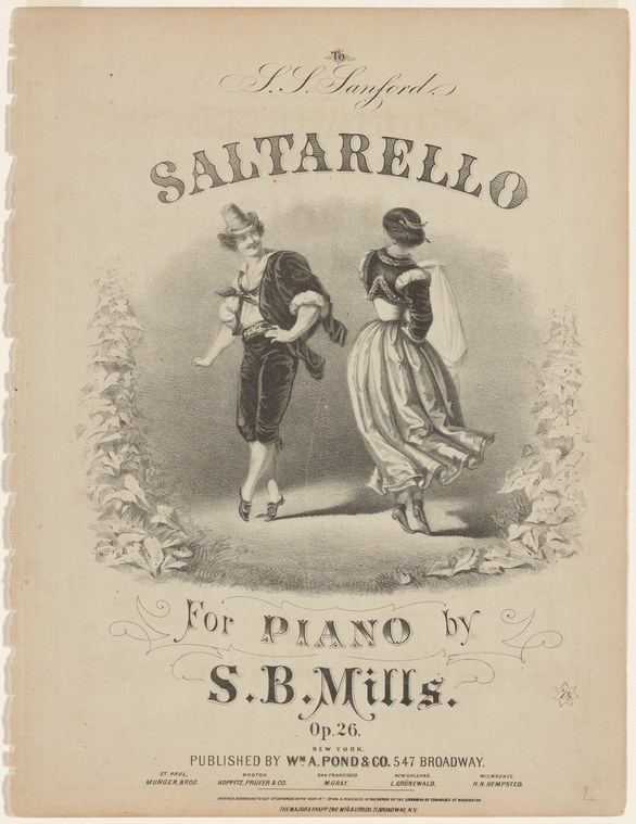 Two dancers in mid-movement on a stage: a man in dark clothes leaning forward with extended arm, a woman in a full skirt rotating upward with raised arms.