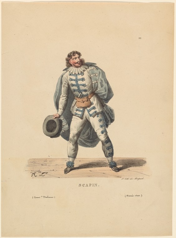 A man in an ornate blue military jacket and cream breeches stands in a wide stance, holding a hat, gesturing outward in a theatrical pose.