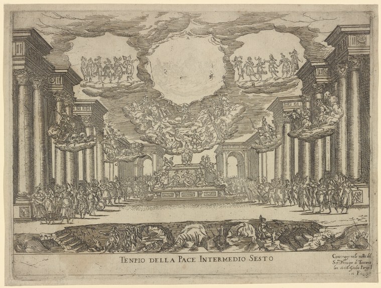 Engraving of an ornate classical hall with tall columns where dozens of costumed courtiers stand and process; clouds and allegorical figures visible through an
