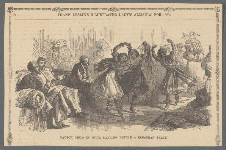 Wood engraving showing European audience seated in interior watching Indian women dancers in draped garments with raised arms performing.