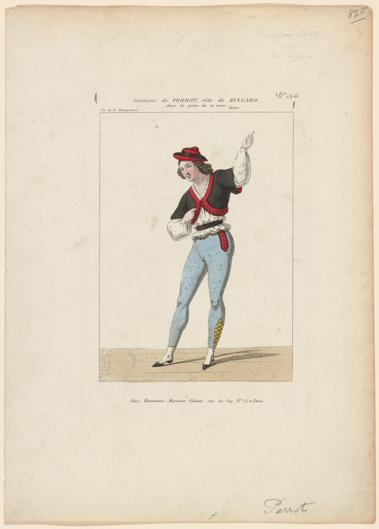 A male figure in profile wearing Pierrot costume: red hat, dark jacket with red trim, and bright blue tights, in an energetic, comic pose with one leg raised.