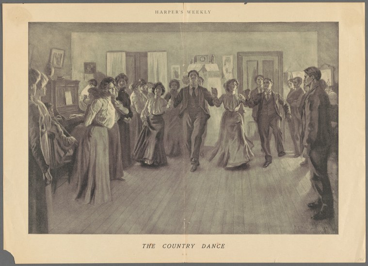 About twenty people in Victorian dress dance or gather indoors in a parlor; women in long skirts, men in suits, arranged loosely across a wooden floor.