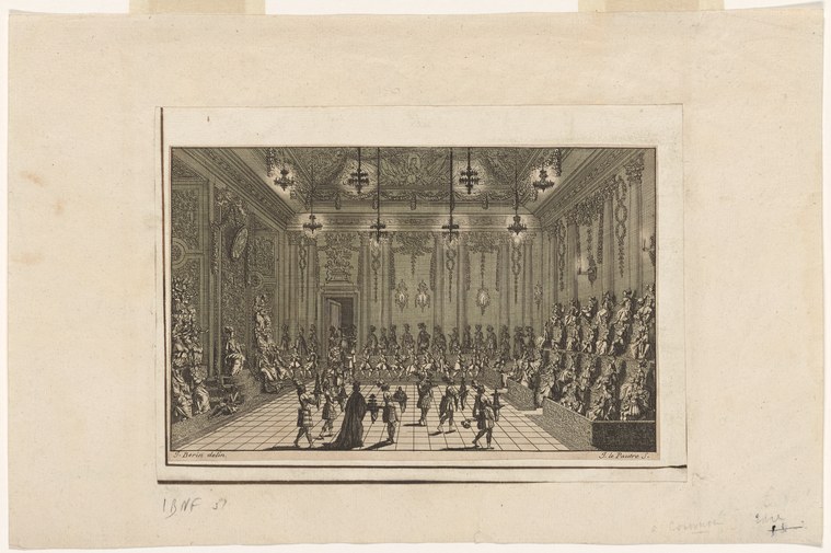 Engraving of a grand palace hall filled with hundreds of courtiers in formal dress; several couples dance on the floor while observers stand along the walls.