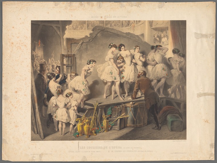 Crowded backstage scene with young female dancers in light tunics, some partially undressed, preparing costumes and props in a golden-lit opera house dressing