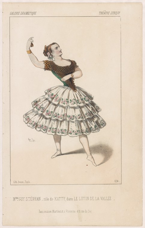 A woman in Romantic-era ballet costume stands in classical pose with one arm raised, wearing a fitted bodice and tiered, decorated tutu.