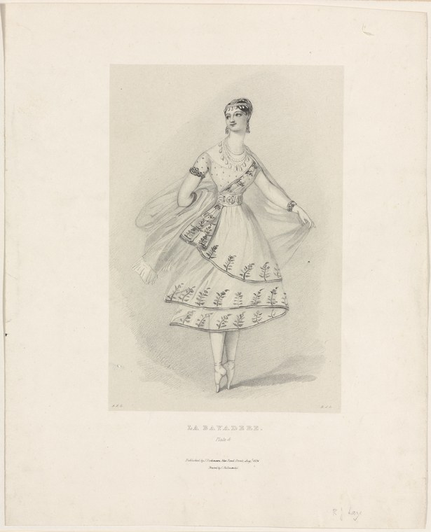 A single female ballet dancer in Romantic-era costume stands in a classical pose, gazing upward, wearing a fitted bodice and full skirt decorated with leaf