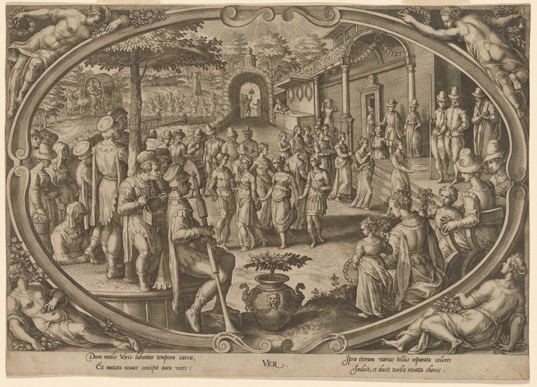 Renaissance engraving of a spring festival with dozens of elaborately dressed courtiers gathered in a garden and colonnade, some in formal postures suggesting
