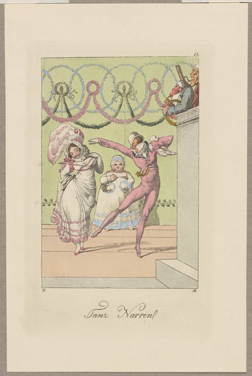 Hand-colored engraving: a woman in a white gown is lifted aloft by a satyr and a winged putto, in a theatrical interior with draped swags overhead.