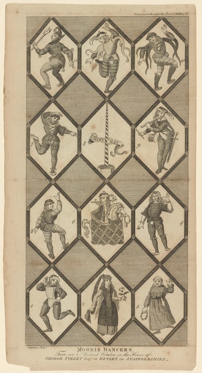 Nine male dancers in early modern costume, each in a separate diamond frame, shown leaping and moving with arms and legs extended.